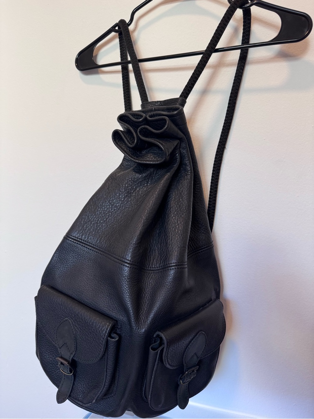 Black Leather Drawstring Backpack with Front Pockets